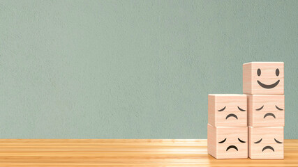 Wood cube emotion on table for abstract concept 3d rendering.