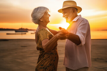 Senior couple dancing on the beach. Retirement elderly family travel in vacations and summer. Generative AI.