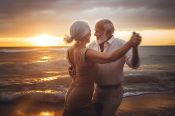 Senior couple dancing on the beach. Retirement elderly family travel in vacations and summer. Generative AI.