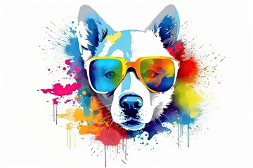 dog in sunglasses realistic with paint splatter abstract  