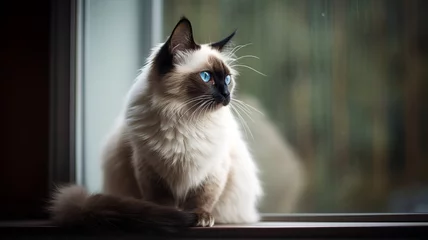 Tuinposter Graceful Balinese Cat Posing on the Window Sill © Emojibb.Family