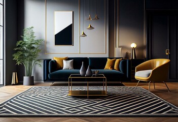 Contemporary rug design for modern living space with sofa, chair, and wall decor. Generative AI