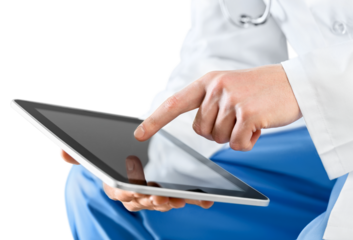 Doctor using  digital tablet isolated on white