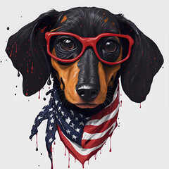 Illustration of a dachshund dog wearing stylish red reading glasses with a American Flag Bandana tied around his neck. Image generated by AI