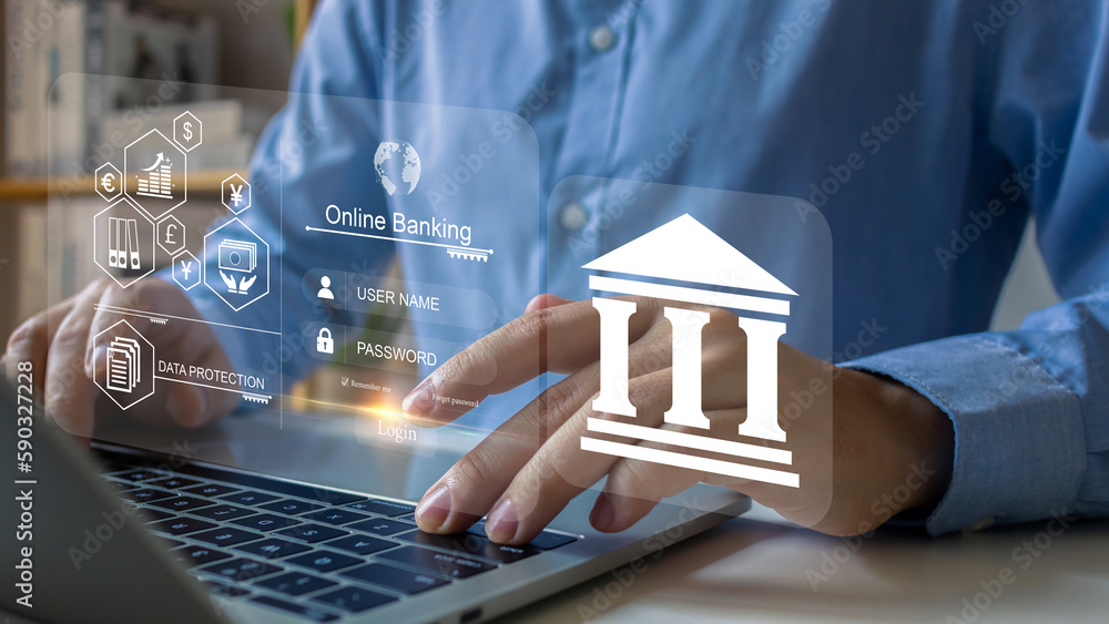 Poster online banking concept, log in username and password virtual bank icon to secure protecting personal