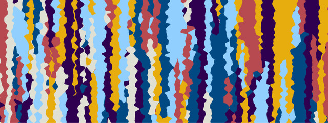 Yellow red blue white shapes, wax like forms, abstract background. Background with multi-colored lines. Vintage striped pattern