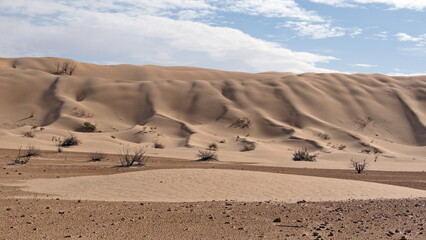 Fototapeta na wymiar Tall dunes surrounding a valley in the Sahara Desert, outside of Douz, Tunisia