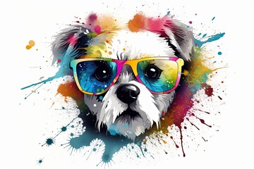 dog in sunglasses realistic with paint splatter abstract  