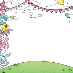 イースター、フェスティバル、うさぎ、雲、芝のフレーム素材