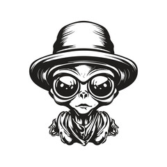 alien in scout hat, vintage logo concept black and white color, hand drawn illustration