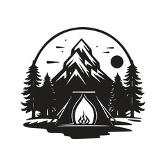 camping, vintage logo concept black and white color, hand drawn illustration