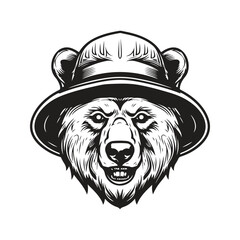 bear wearing bucket hat, vintage logo concept black and white color, hand drawn illustration