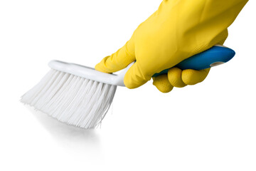 Yellow cleaning glove with a brus isolated on white background