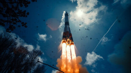 A rocket with a trail of smoke and a stunning explosion launches skyward against a brilliant blue backdrop, initiating a successful space mission.