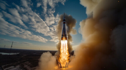 A rocket with billowing exhaust and an energetic blast takes to the skies on a clear blue day, embarking on its space mission with great success.