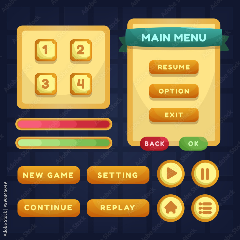 Poster button set designed game user interface (gui) for video games, computers.
