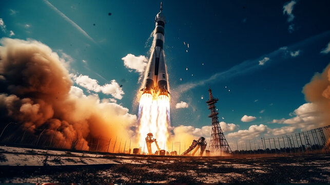 Rocket ascent. A spacecraft with smoke trails and a fiery explosion climbs towards the infinite expanse of space beneath a serene blue sky. Space exploration mission starts on a high note. 