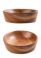 Set of two empty wooden bowl isolated on white background. Side view.