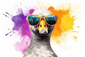 goose in sunglasses realistic with paint splatter abstract  