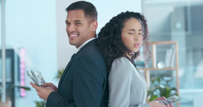 Money, bribery and corruption with business people at work feeling happy or guilty about an illegal deal. Portrait, cash or crime with a man and woman employee counting payment after money laundering