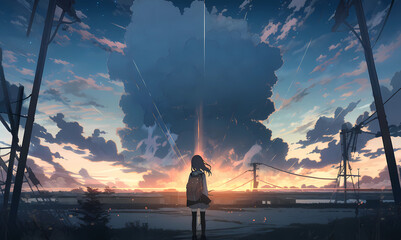 Fototapeta premium looking at a nuclear explosion, anime style. generative AI
