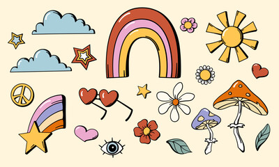 70s retro style nature and floral design elements set.