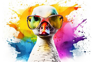 goose in sunglasses realistic with paint splatter abstract   - obrazy, fototapety, plakaty