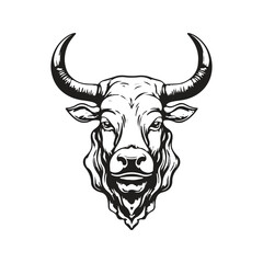 long horn bull, vintage logo concept black and white color, hand drawn illustration