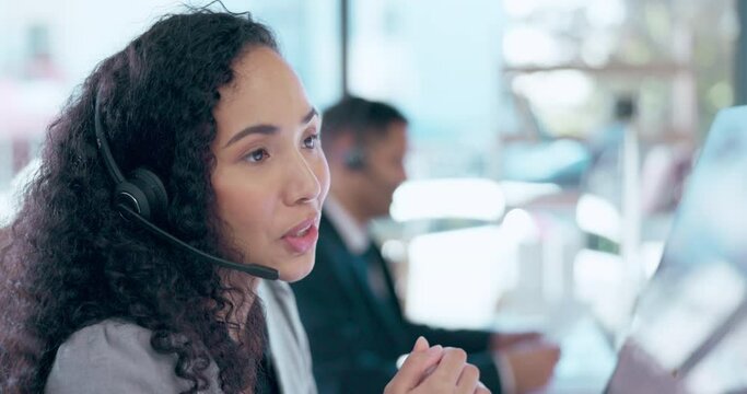 Call center, computer and consulting with woman in office for business, customer service and advisory. Productivity, friendly and advice with female for technical support, contact us and connection