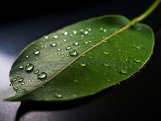 A single, green leaf with water droplets