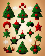 Quirky Christmas design with geometric esoteric Xmas themed red and green shapes. Generative AI illustration.