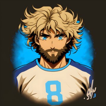 A Haikyuu Style Character with dark blonde wavy hair blue eyes and a full beard He is wearing a blue jersey with the number eight on it and he is holding a volleball 