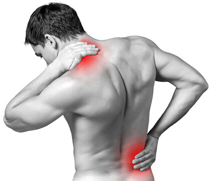 Strong man with neck pain, back view