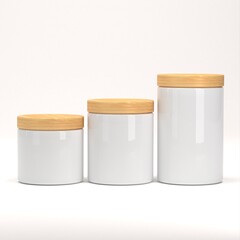 Three sizes of round glossy milky white cosmetic jars with wooden lids for body cream, gel, butter, bath salt, skincare, and powder. Realistic cosmetics packaging mockup template. 3D Rendering.