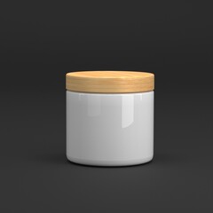 3D Rendered isolated white jar with a Bamboo screw lid on studio lights, cosmetic jar mockup, skincare bottle - Realistic cosmetics packaging mockup template. 3D Rendering.