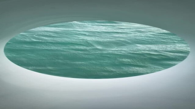Vertical video of turquoise water gently rippling through porthole of large yacht. Living wall calm motion background with circle center feature. 