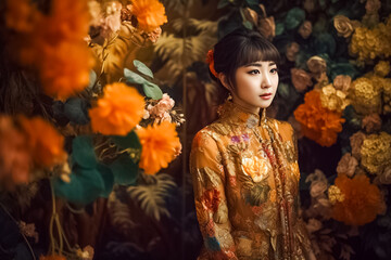 Japanese woman in angura kei gold floral dress, intricate design, vibrant flower, dark orange and light gold colors. generative AI