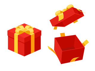 Open and close a mystery Red gift box with a yellow ribbon on white background. Random secret loot box isometric concept. Vector illustration cartoon flat design.