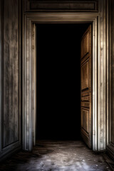 An opened wooden door at the end of the hallway leading into darkness. Dramatic scene, spooky horror concept, vertical shot.