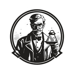 scientist, vintage logo concept black and white color, hand drawn illustration