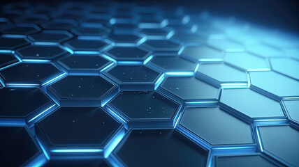 Abstract blue neon hexagons shape and lines with science concept background. Generative AI