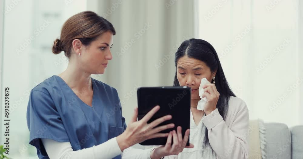 Wall mural Crying, tablet or nurse talking to sad woman of medical report results or bad news of rehabilitation. Depression, online healthcare or doctor speaking to stressed senior Asian person in consultation