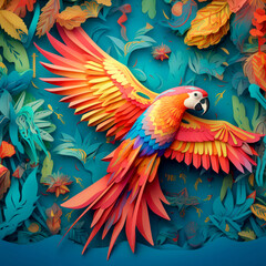 Obraz premium Macaw in flight Kirigami paper art: Create a macaw in flight that the sky and the surrounding jungle foliage to create a paper layered effect