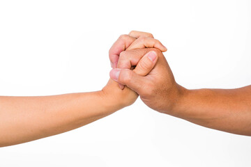 Male and female hands shaking hands. Couple holding hands on white background. That can mean helping, caring, protecting, loving, caring and world peace concept.