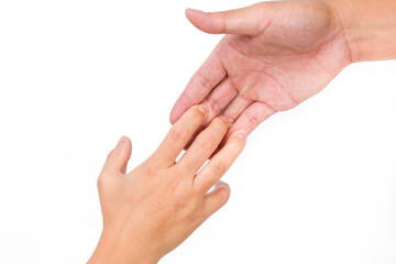 Hands of man and woman reaching to each other. Two people holding hands on white background. That can mean helping, caring, protecting, loving, caring and world peace concept.