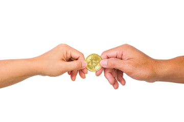 Male and female hands holding bitcoin crypto currency on white background. Business finance and investment concept.