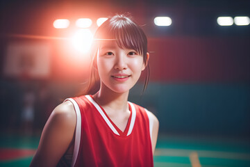 Obraz premium Basketball girl, an Asian sportswoman in red sportswear at a Basketball court with Highlight on her. generative AI