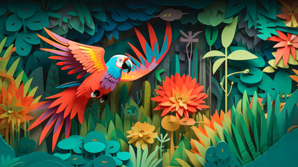 Macaw in flight Kirigami paper art: Create a macaw in flight that the sky and the surrounding jungle foliage to create a paper layered effect
