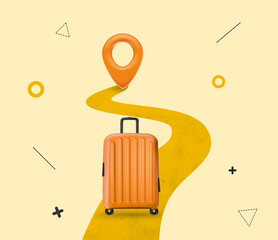 Artwork of travel bag on road to pin destination location background