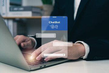 ChatBot with AI tech concept, businessman using laptop connecting to AI, smart robot, enter command prompt for generate idea, prompt engineering, futuristic technology transformation, solve problem.